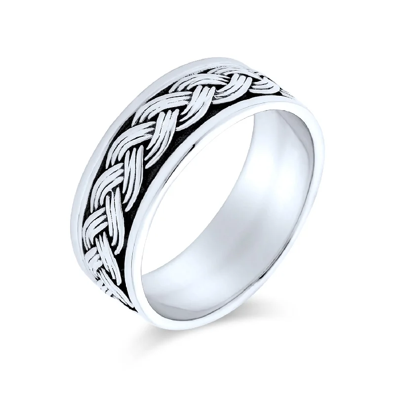 women’s sterling silver ring-Mens Silver Ring - Heavy Braided Wheat Weave Wedding Band Oxidized .925 Sterling