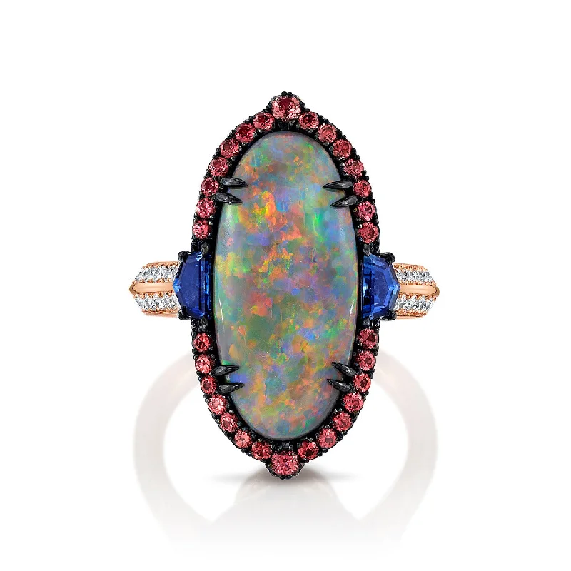 Black Opal, Sapphire, Orange Spinel and Diamond Ring