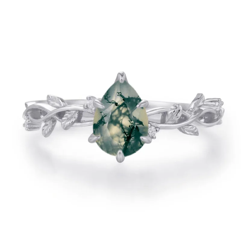 women’s stackable rings-Everlasting Pear Cut Moss Agate Ring©