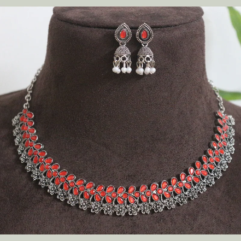 women’s chain link necklace-H K Fashion Oxidised Plated Pota Stone Necklace Set