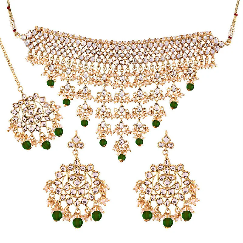 women’s gemstone necklace-Etnico 18K Gold Plated Traditional Kundan & Pearl Studded Choker Necklace Jewellery Set with Earrings & Maang Tikka For Women (K7064G)