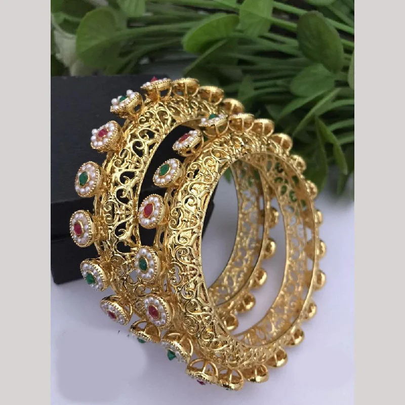 women’s one-carat engagement rings-women’s personalized bracelet-FS Collections Gold Plated Pota Stone And Pearls Bangles Set