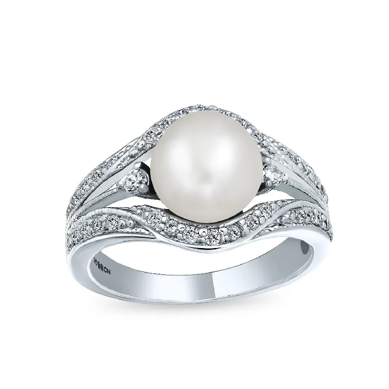 women’s vintage diamond ring-Art Deco Silver Ring with Freshwater Pearl and Pave Triple Split Band Sterling Silver