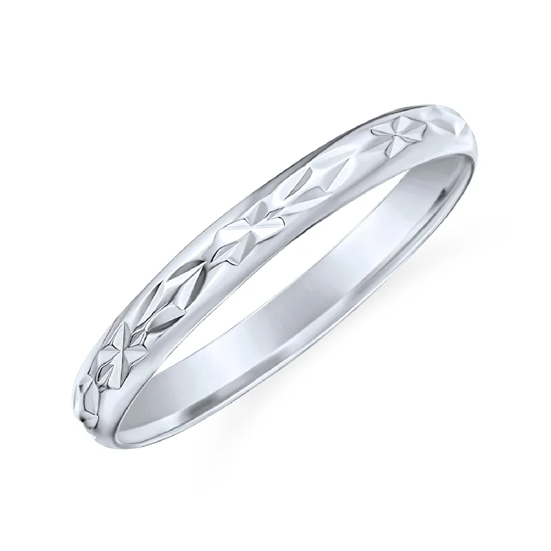 women’s platinum ring-Mens Silver Ring: Elegant Diamond Cut Wedding Band with Striped Edge Pattern