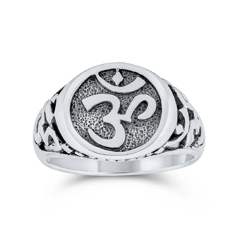 women’s silver stackable rings-Religious Yogi Aum Om Signet Silver Ring for Men in Sterling Silver