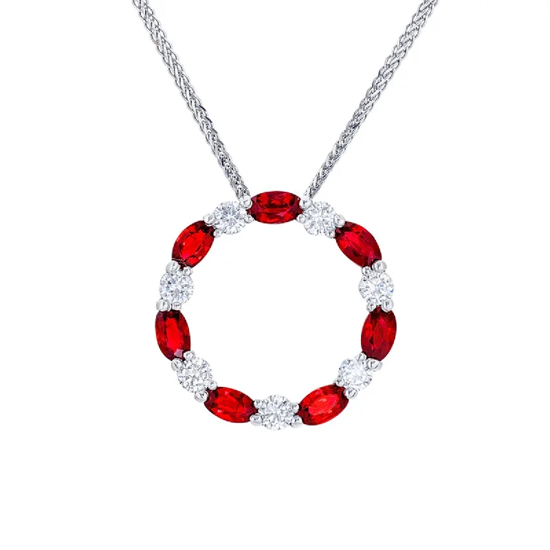 women’s ruby necklace-Platinum Ruby and Diamond Circle Pendant Necklace