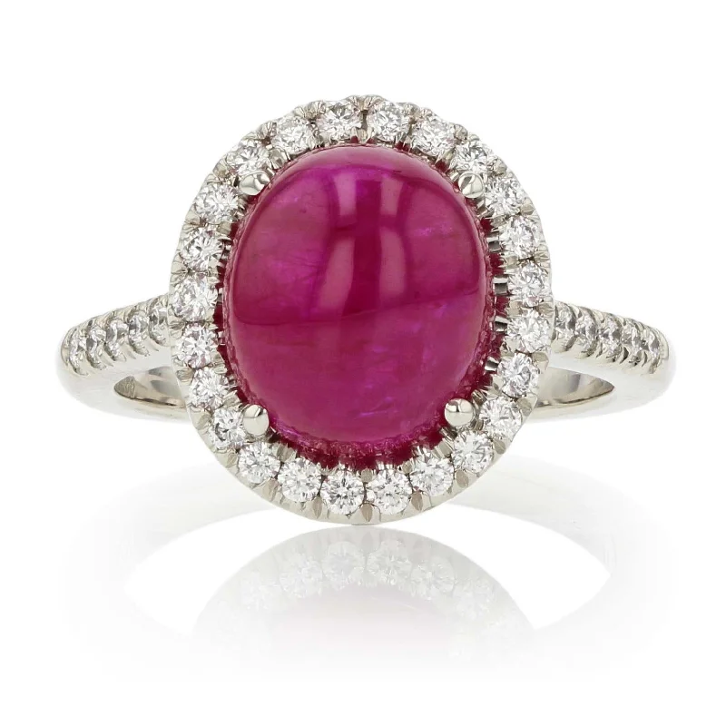 Platinum Cabochon Ruby Diamond Ring