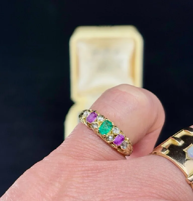 Victorian Emerald, Pink Sapphire & Diamond Ring