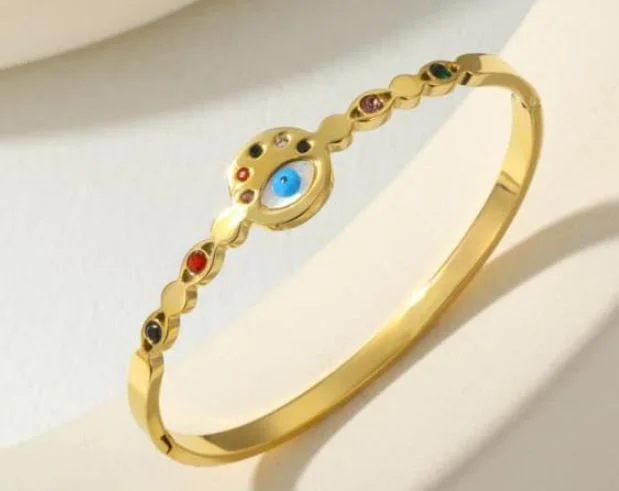 women’s luxury engagement rings-women’s simple bracelet-Tarohi Jewels Stainless Steel Gold Plated Multi Colour Cubic Zircon Evil Eye Kada - STKD 4941