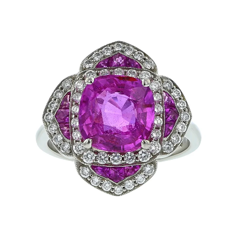 Platinum Cushion Pink Sapphire and Diamond Ring