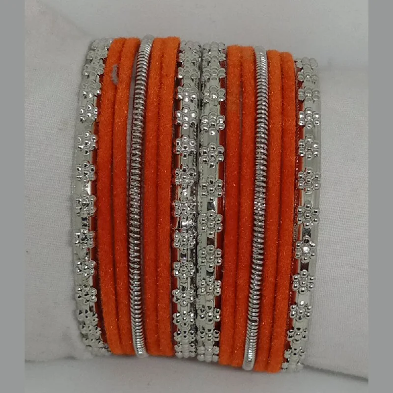 women’s square cut engagement rings-women’s sparkly bangle-Shree Asha Bangles 14 Pieces in single bangle and Pack Of 12 Orange Color bangles Set