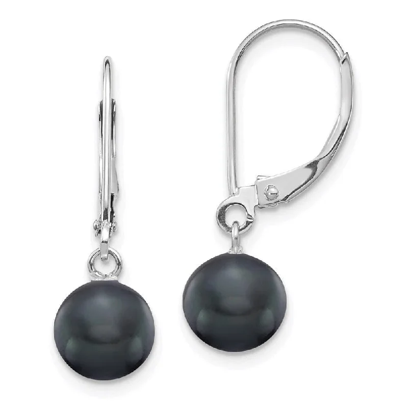 women’s minimalist earrings-14K White Gold 7-7.5mm Black Round FWC Pearl Leverback Earrings