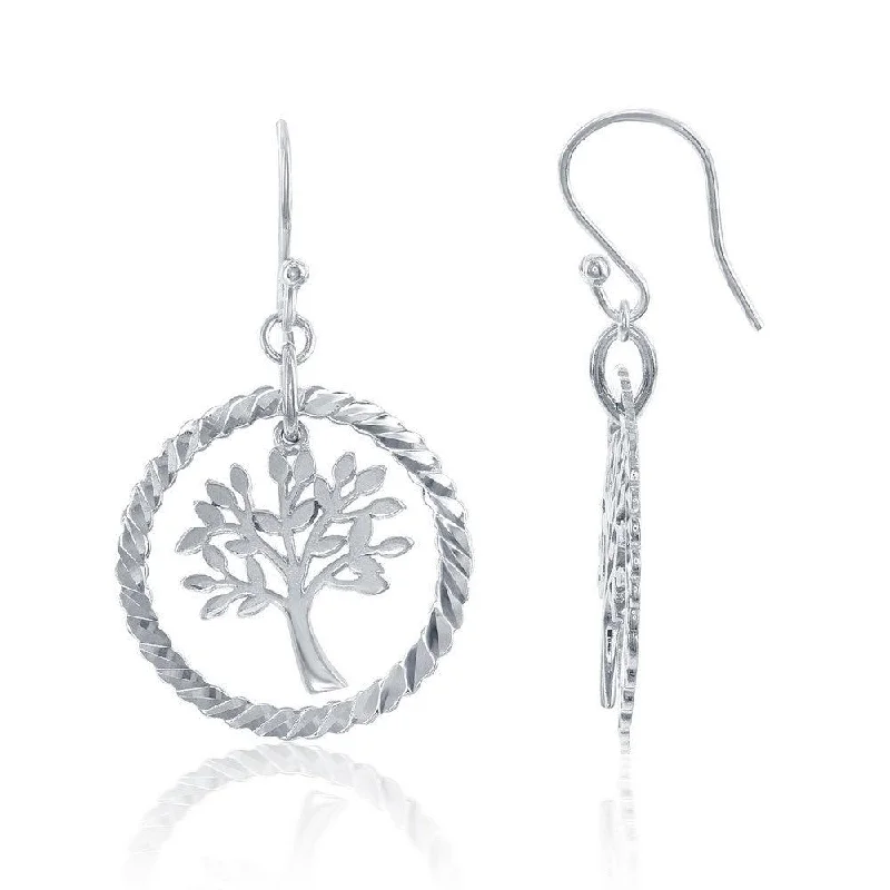 women’s gemstone earrings-Sterling Silver Open Circle with Hanging Tree Earrings