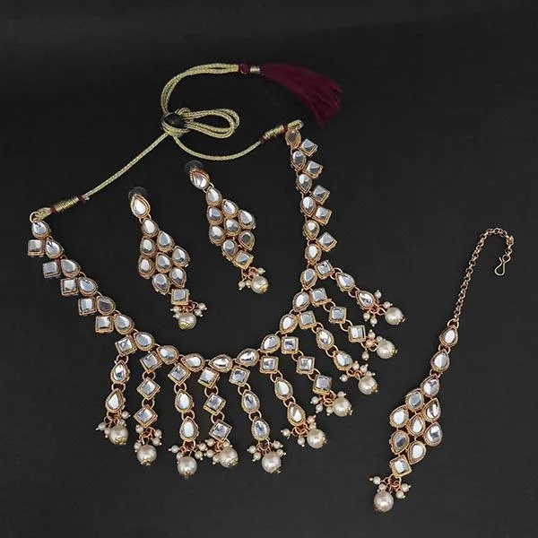 women’s name necklace-Amina Creation Gold Plated White Kundan And Pearl Necklace Set With Maang Tikka - 1107981