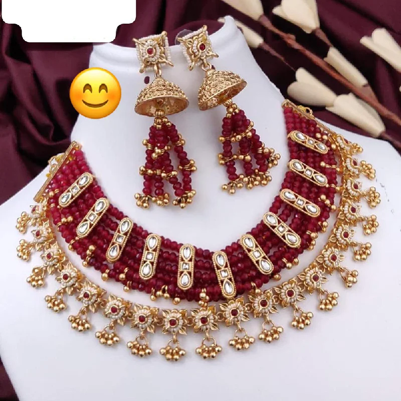 women’s textured gold necklace-JCM Gold Plated Kundan Stone And Pearls Necklace Set