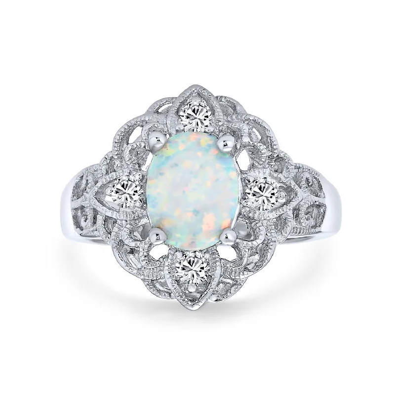 women’s purple gemstone ring-Vintage Style Silver Ring with Cubic Zirconia and Opal Filigree Design