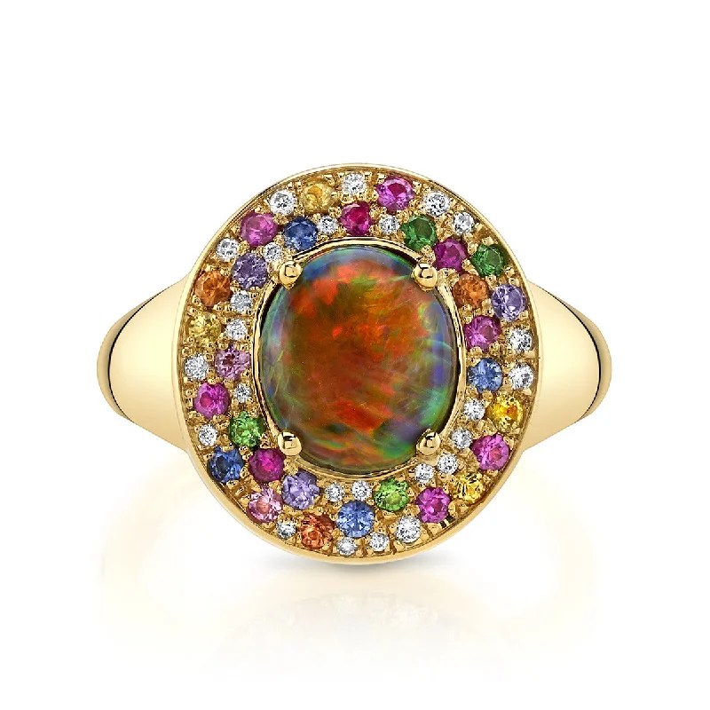 Opal, Fancy Sapphire, Tsavorite Garnet and Diamond Ring