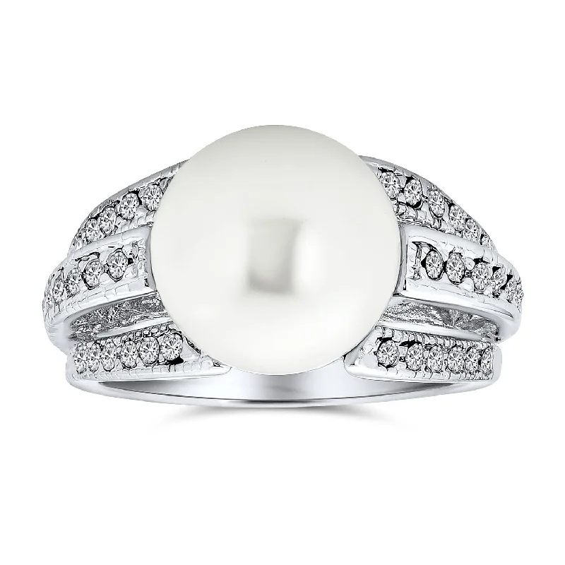 women’s heart gemstone ring-Bridal Cocktail Statement Ring with CZ Solitaire and Simulated Pearl Silver Plated