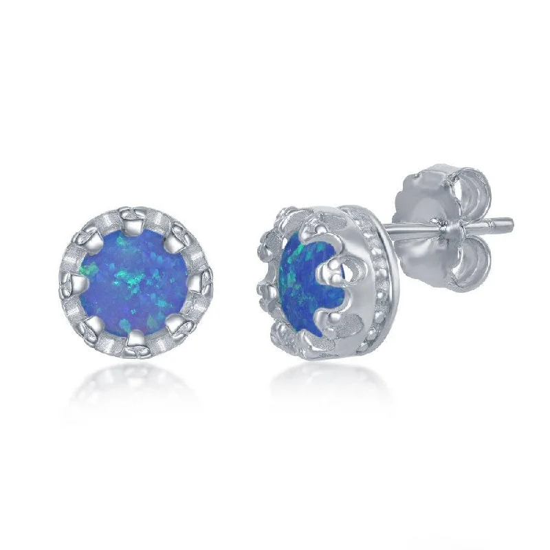 women’s emerald earrings-Sterling Silver Blue Opal Stud Earrings