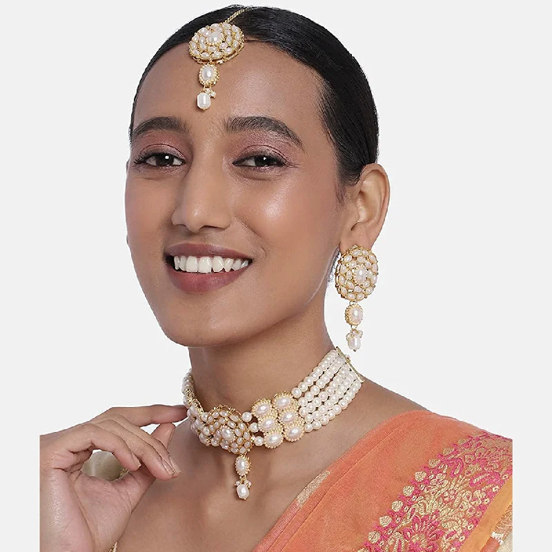 women’s simple necklace-Etnico 18k Gold Plated Traditional Pearl Choker Necklace Jewellery Set with Earrings & Maang Tikka Set for Women (ML280W)