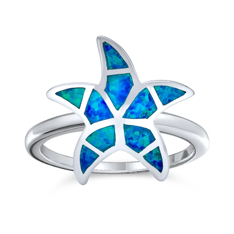 women’s adjustable ring-Silver Ring with Nautical Tropical Blue Opal Inlay and Starfish Design