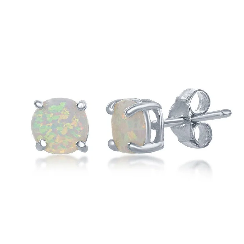 women’s vintage stud earrings-Sterling Silver 6mm White Opal Round Stud Earrings