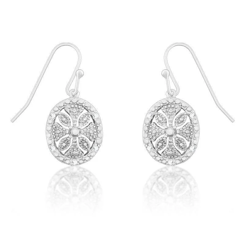 women’s elegant earrings-Sterling Silver Oval Disc Flower Diamond Earrings