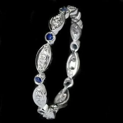 BLUE SAPPHIRE DIAMOND RING 14K WHITE GOLD DAINTY WEDDING BAND ETERNITY RING THIN