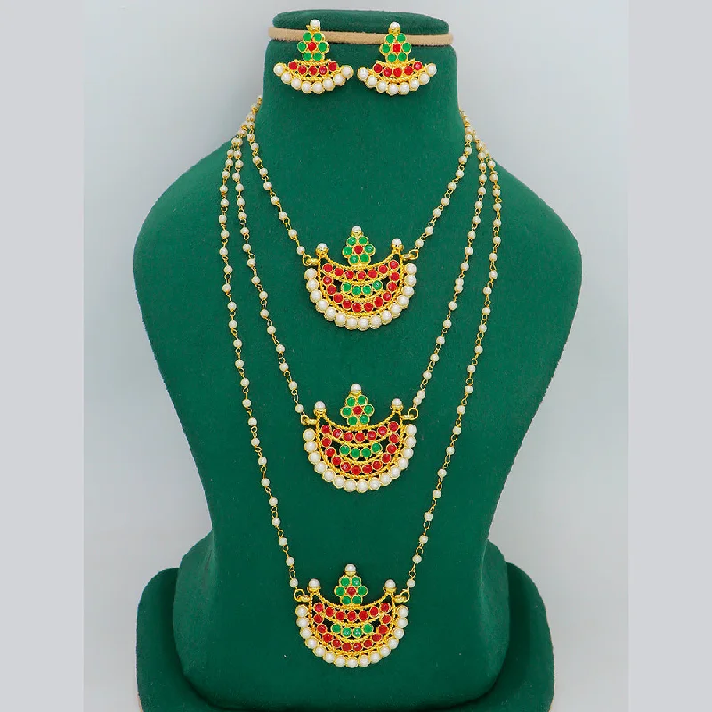 women’s infinity necklace-Mahavir Gold Plated Pota Stone And Pearls Long Necklace Set