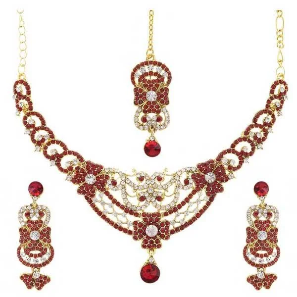 women’s snake chain necklace-Kriaa Gold Plated Austrian Stone Necklace Set With Maang Tikka - 1105315