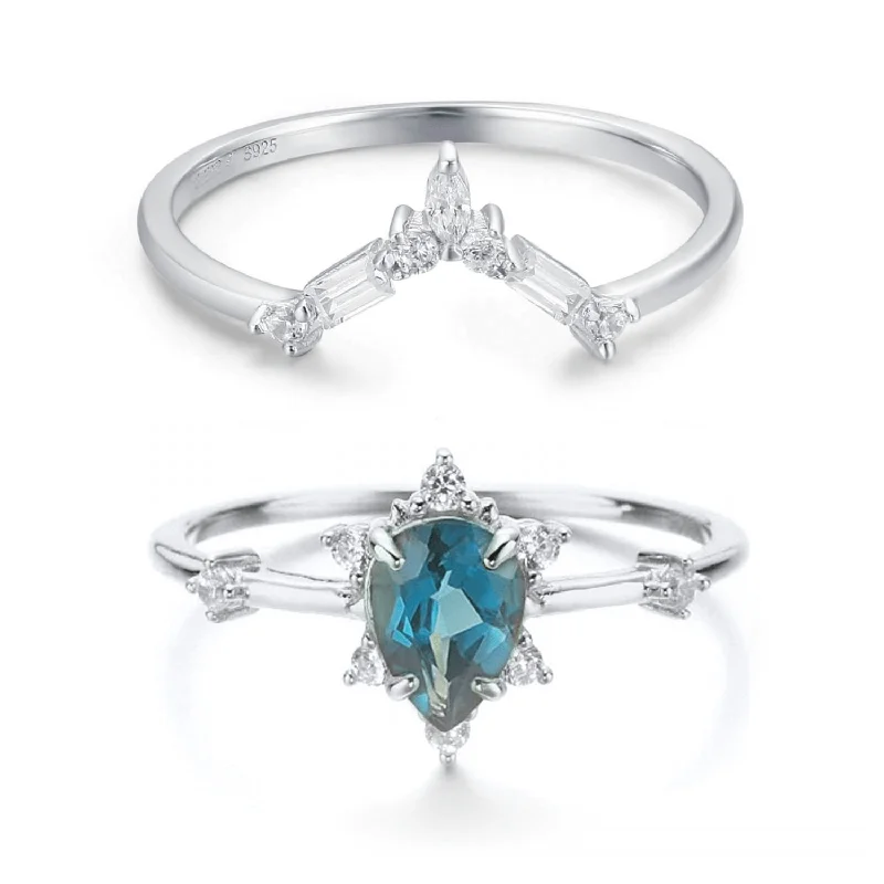 women’s sterling silver ring-Gaia London Blue Topaz Ring & Monte Arc Ring Set