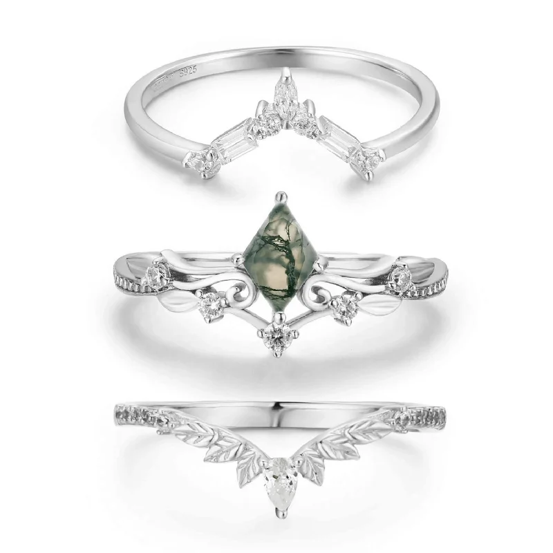 women’s cocktail gemstone ring-Victorian Lace Moss Agate©, Monte Arc, and Woodland Ring Set