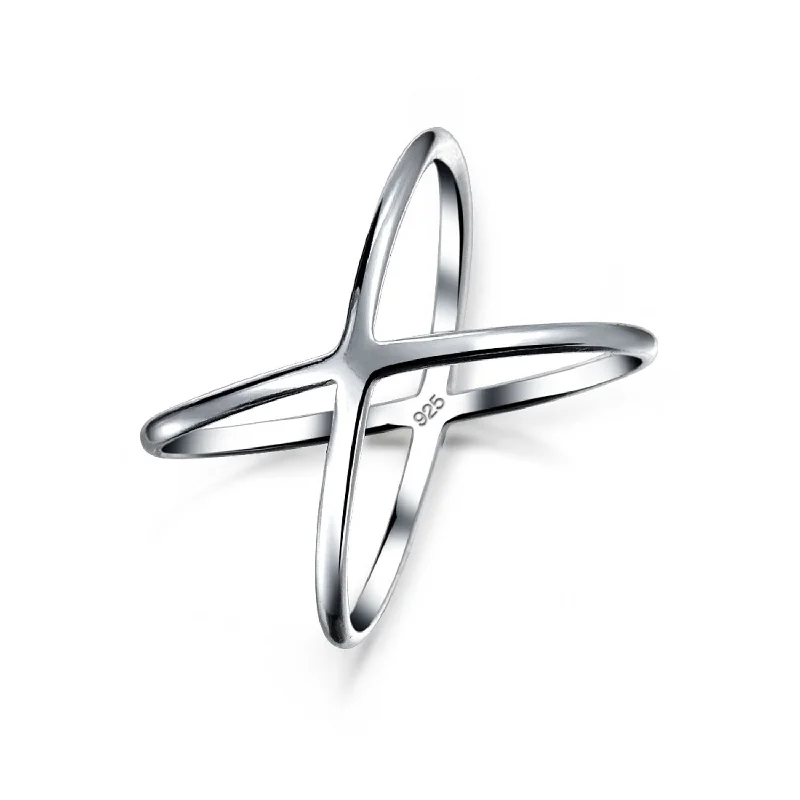 women’s luxury diamond ring-Delicate Thin Open Geometric Atomic X Criss Cross Silver Ring Sterling