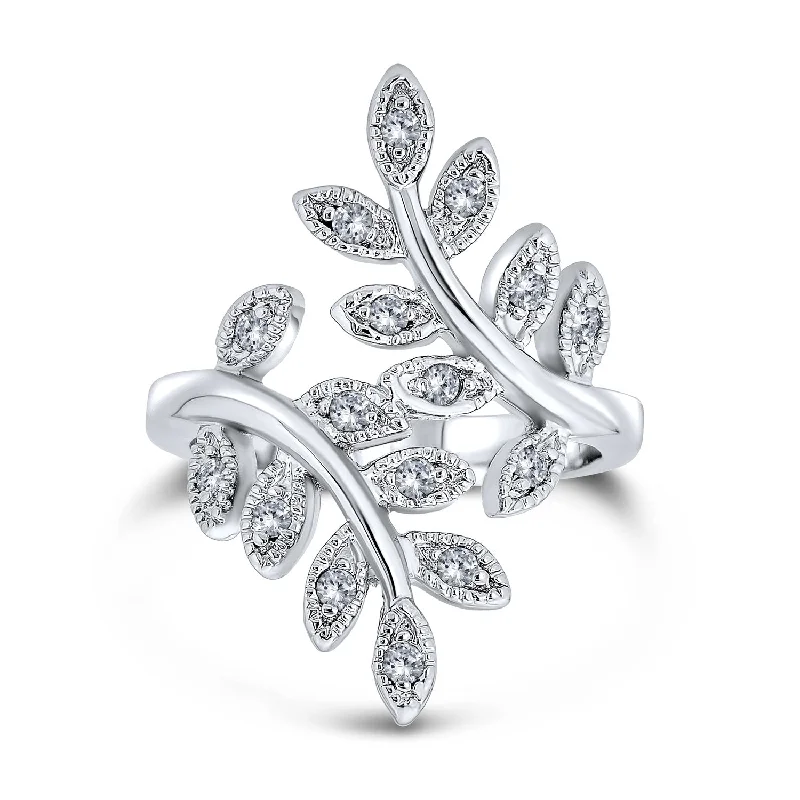 women’s designer ring-Nature Ivy Vine Leaf Cocktail Statement Ring with Cubic Zirconia Pave CZ Silver Plated