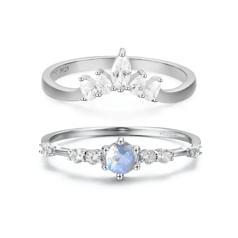 women’s wedding band-The Center of the Universe Moonstone Ring & Supreme White Topaz Ring Set