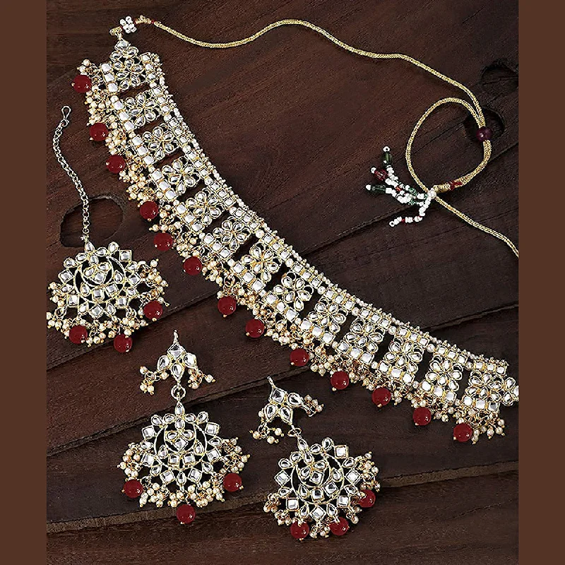 women’s lucky charm necklace-Etnico Gold Plated Traditional Kundan & Pearl Studded Choker NecklaceJewellery Set with Earrings & Maang Tikka For Women (K7069M-1)