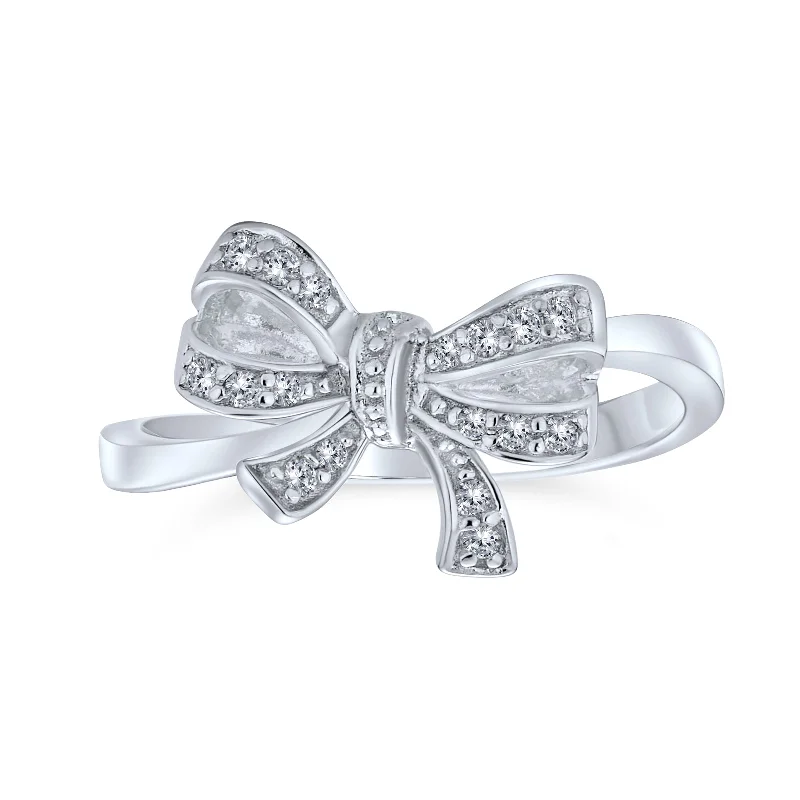 women’s black gold ring-Vintage Style Bridal Pave CZ Ribbon Bow Ring .925 Sterling Silver