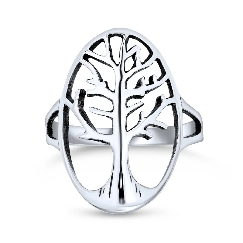 women’s silver gemstone ring-Silver Ring: Open Oval Family Tree of Life Statement for Wife Sterling