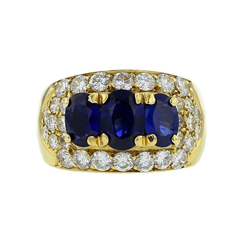 18K Yellow Gold Oval Sapphires and Diamond Ring