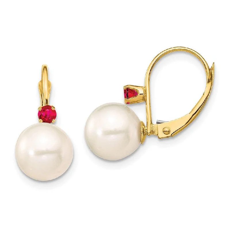 women’s chain earrings-14K 8-8.5mm White Round FWC Pearl Ruby Leverback Earrings