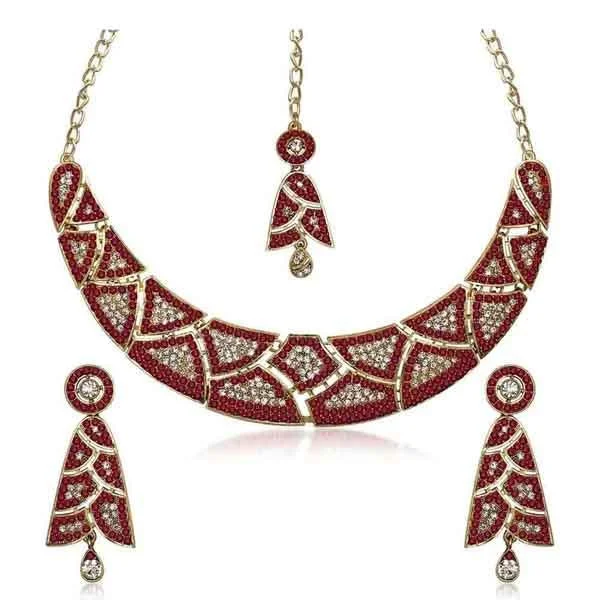 women’s stacked necklace-Kriaa Gold Plated Austrian Stone Necklace Set With Maang Tikka - 1105303