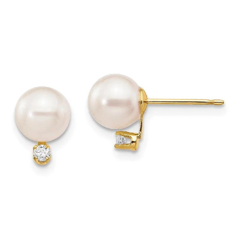 women’s dangling crystal earrings-14k 6-7mm White Round Saltwater Akoya Cultured Pearl Diamond Post Earrings