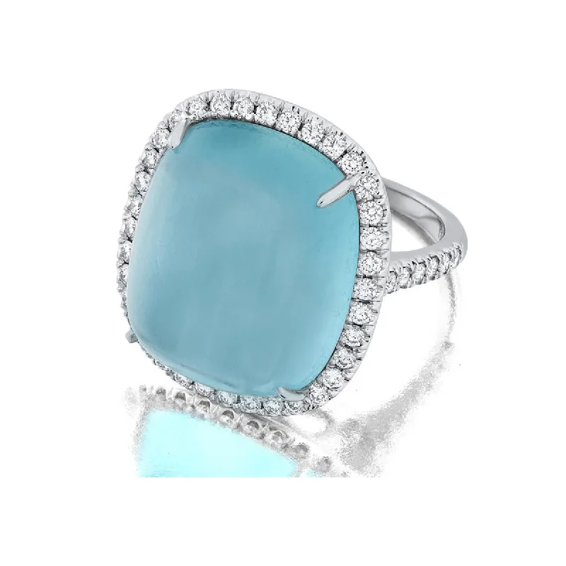 18K White Gold Cabochon Aquamarine Diamond Ring