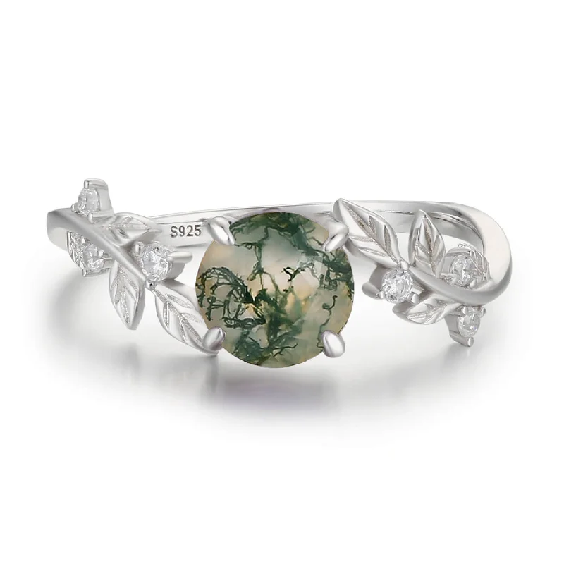 women’s halo ring-Between the Leaf Round Moss Agate Ring