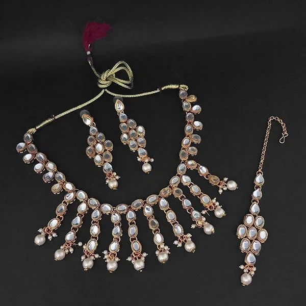 women’s vintage necklace-Amina Creation Gold Plated White Kundan And Pearl Necklace Set With Maang Tikka - 1107978A