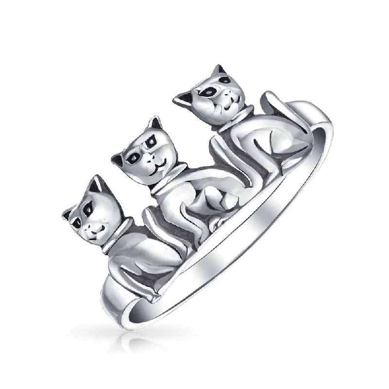 women’s elegant ring-BFF Friendship Kitten Cat Band Sterling Silver Ring for Best Friends