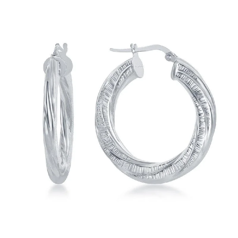 women’s heart-shaped stud earrings-Sterling Silver Rhodium Plated Twisted Designed Hoop Earrings