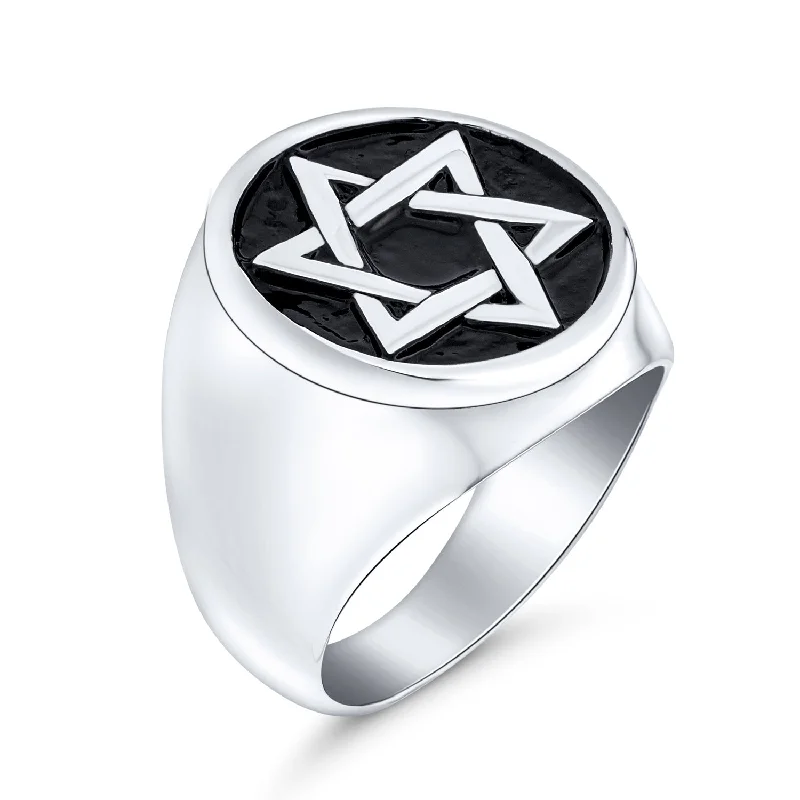 women’s matching wedding ring set-Mens Stainless Steel Magen Judaic Star of David Signet Ring and Pendant Set