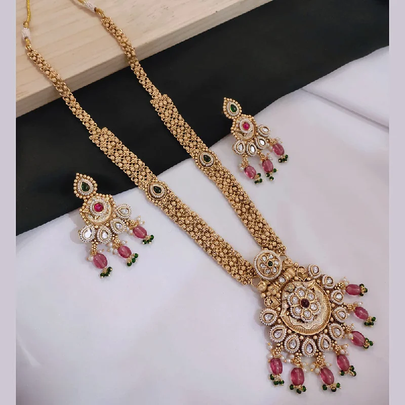 women’s crystal necklace-Akruti Collection Gold Plated Kundan Stone And Pearls Long Necklace Set