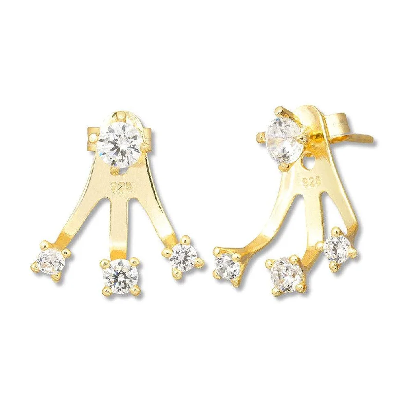 women’s gold stud earrings-Sterling Silver Gold Round Triple CZ Back Earrings